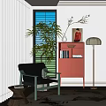 Modern Green Accent Chair With Pink Cabinet Leafy Plant And Floor Lamp In Cozy Space