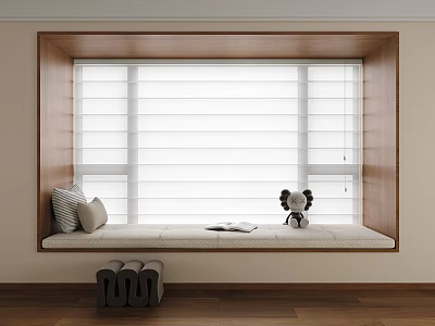 White Window Blinds Covering Window With Wooden Frame Cozy Seat Pillows And Stuffed Toy 3d model