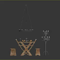 Wooden Dining Table Set with Chairs Bench Hanging Lamp Candle Holder and Tableware