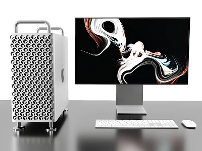 Modern White Honeycomb Desktop Computer with Colorful Abstract Monitor Keyboard Mouse on Desk 3d model