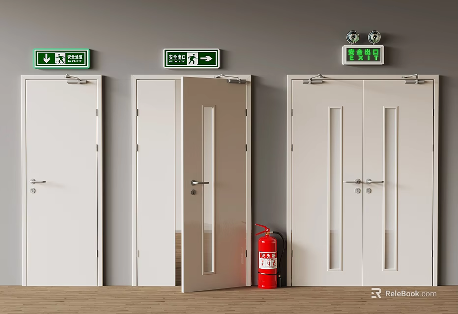 Green Emergency Exit Signs Above White Doors With Open Door And Red Fire Extinguisher 3d model 