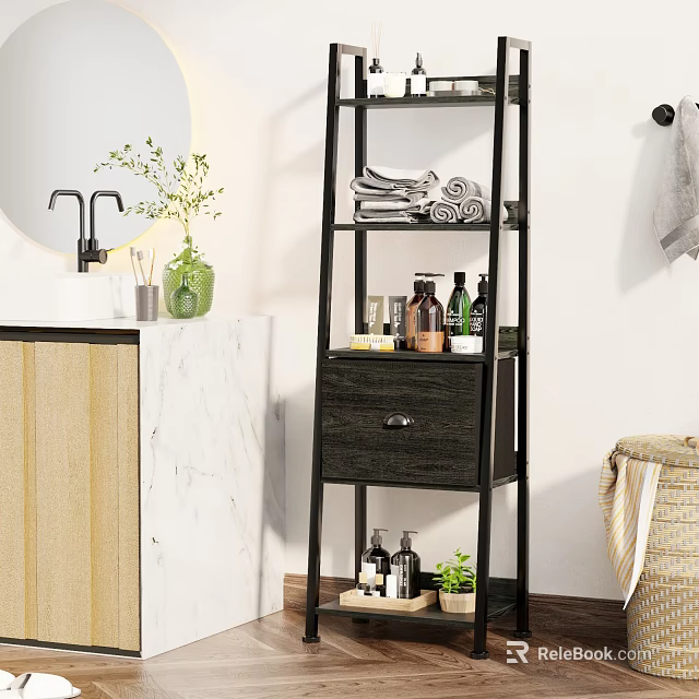 Black Multi Tiered Bathroom Storage Shelf With Drawer Towels And Toiletries 3d model 