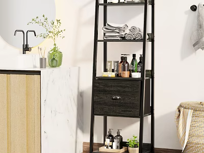 Black Multi Tiered Bathroom Storage Shelf With Drawer Towels And Toiletries 3d model
