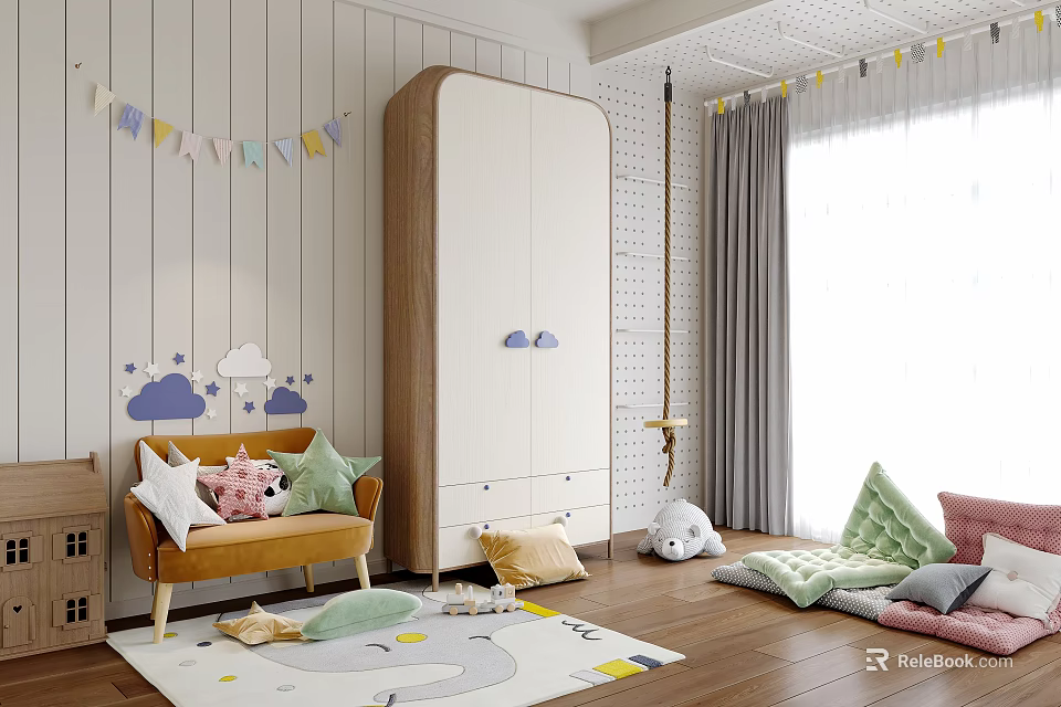 Kids Room Interior Design With Colorful Bunting Flags Cloud Stickers Wardrobe Sofa And Stuffed Toys 3d model 