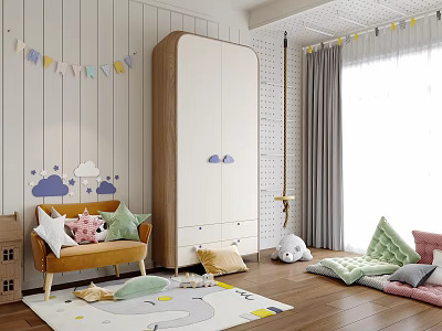 Kids Room Interior Design With Colorful Bunting Flags Cloud Stickers Wardrobe Sofa And Stuffed Toys 3d model