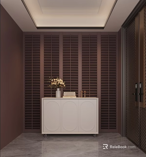 Stylish White Dresser with Vase Books and Decorations in Room with Wooden Shutters 3d model 