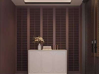 Stylish White Dresser with Vase Books and Decorations in Room with Wooden Shutters 3d model