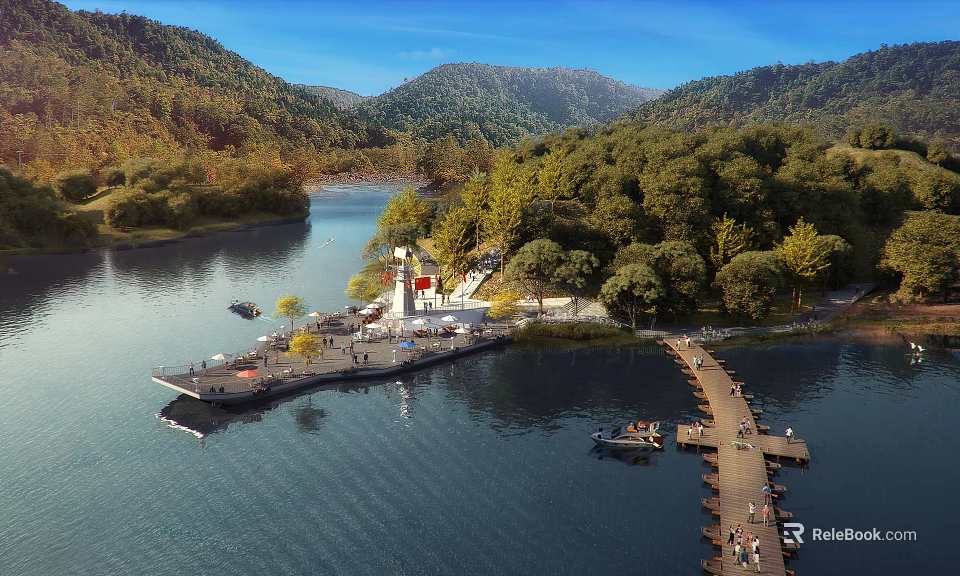 Scenic Lakeside Landscape With Calm Water Green Mountains Lush Trees Wooden Pier And Lighthouse 3d model 