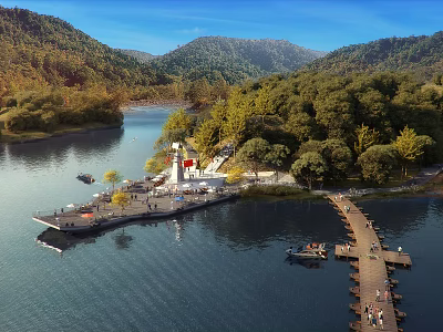 Scenic Lakeside Landscape With Calm Water Green Mountains Lush Trees Wooden Pier And Lighthouse 3d model