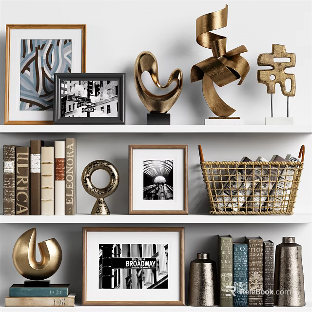Golden Decorative Ornament Set with Sculptures Frames Books and Metal Basket on Shelf 3d model 