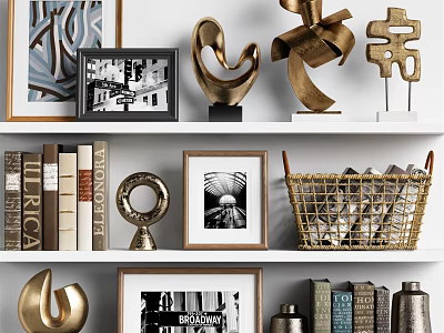 Golden Decorative Ornament Set with Sculptures Frames Books and Metal Basket on Shelf 3d model