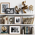 Golden Decorative Ornament Set with Sculptures Frames Books and Metal Basket on Shelf