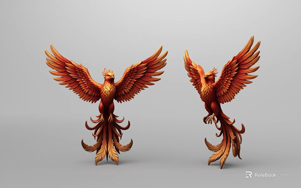Orange Red Phoenix Sculptures With Spread Wings And Elegant Poses 3d model 