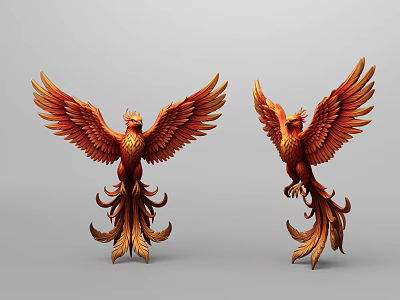 Orange Red Phoenix Sculptures With Spread Wings And Elegant Poses 3d model