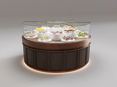 Elegant Round Wooden Pastry Display Shelf With Clear Glass And Soft Ambient Light For Bakeries 3d model