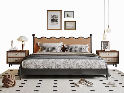 Double Bed With Scalloped Headboard Nightstands Table Lamps Framed Artworks On Patterned Rug 3d model