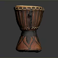 Traditional Hand Drum With Leather Head And Brown Wooden Body Black Striped Pattern