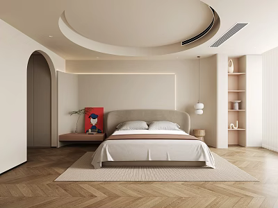 Modern Minimalist Bedroom Interior With Circular Ceiling Arched Doorway Red Art And Herringbone Flooring 3d model
