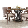 Round Dining Table Set with Wooden Chairs Upholstered Seats and Tableware Fruit Decorations 3d model