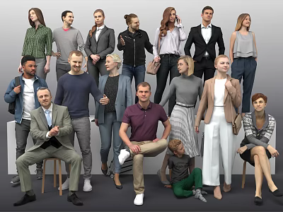 Diverse Group of People in Different Poses Wearing Casual and Formal Attire 3d model