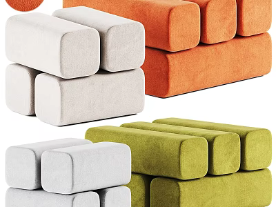 Colorful Fabric Ottoman Poufs Stacked in White Orange and Green Hues for Living Room 3d model