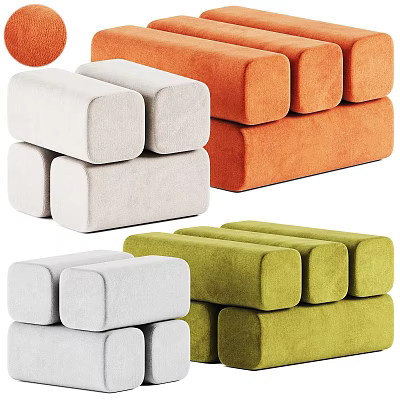 Colorful Fabric Ottoman Poufs Stacked in White Orange and Green Hues for Living Room 3d model