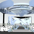 Banquet Hall With Blue And White Floral Decorations Circular Chandelier And Elegant Stage Backdrop