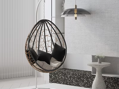 Modern Rattan Hanging Chair With Black And Beige Cushions In Stylish Interior 3d model