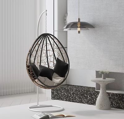 Modern Rattan Hanging Chair With Black And Beige Cushions In Stylish Interior 3d model