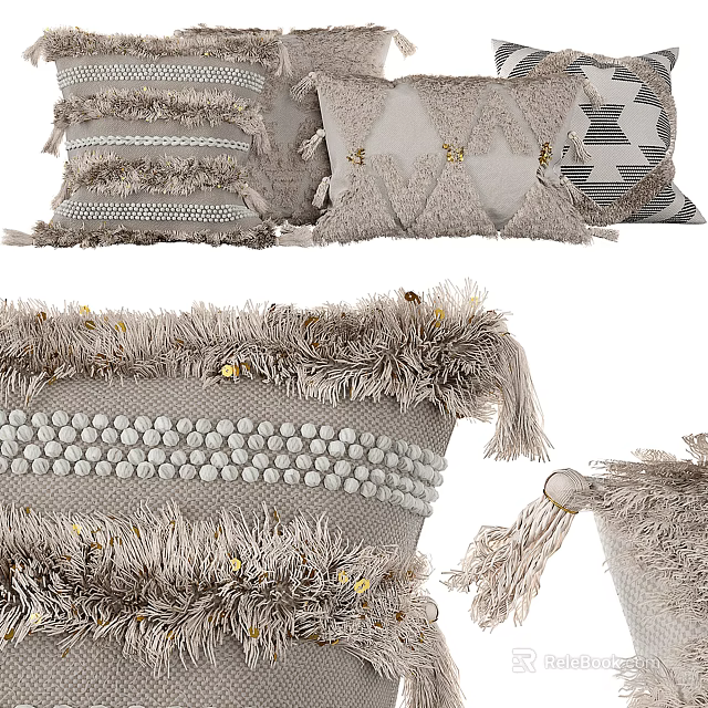 Modern Neutral Toned Fringed Decorative Pillows With Beaded Details And Textured Patterns 3d model 