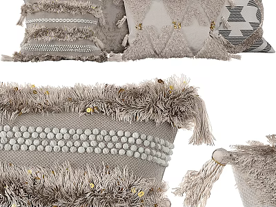 Modern Neutral Toned Fringed Decorative Pillows With Beaded Details And Textured Patterns 3d model
