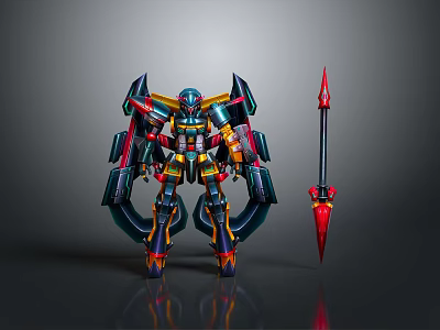Futuristic Game Movie Character Vibrant Colored Mech Warrior With Red Spear And Mechanical Armor 3d model