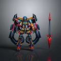 Futuristic Game Movie Character Vibrant Colored Mech Warrior With Red Spear And Mechanical Armor