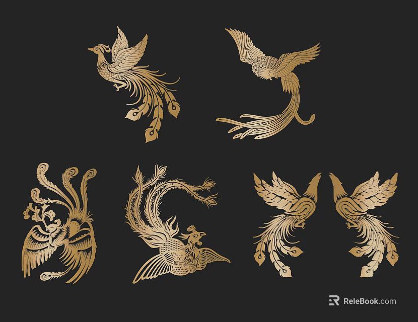 Golden Phoenix Bird Decorative Ornament Set With Elaborate Patterns For Home Decor 3d model 