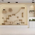 Shopping Mall Store Displaying Various Products On Arched Shelves With White Cabinets And Dog Figurine