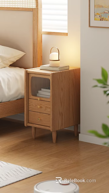 Wooden Nightstand in Bedroom with Drawers Lamp and Books Simple Modern Style Design 3d model 