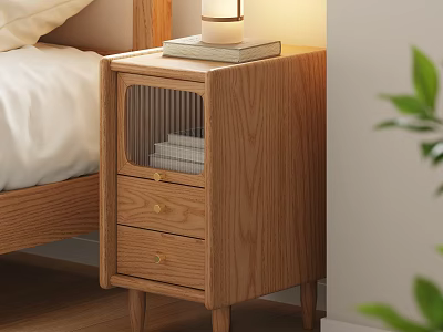 Wooden Nightstand in Bedroom with Drawers Lamp and Books Simple Modern Style Design 3d model