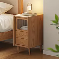 Wooden Nightstand in Bedroom with Drawers Lamp and Books Simple Modern Style Design