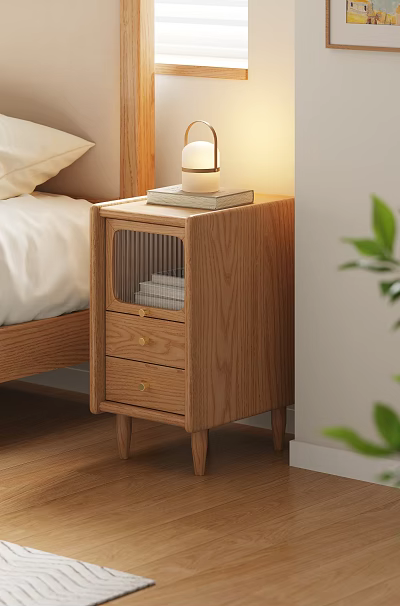 Wooden Nightstand in Bedroom with Drawers Lamp and Books Simple Modern Style Design 3d model