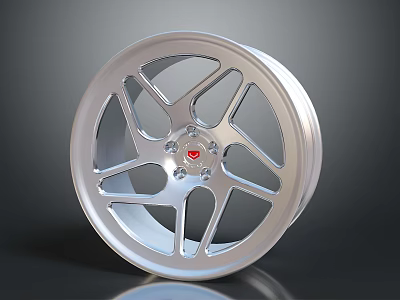 Stylish Car Wheel With Silver Spoke Design And Red Center Logo 3d model