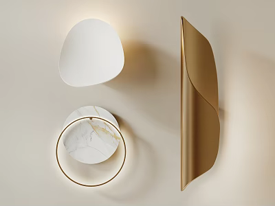 Elegant Modern Wall Lamps With White Curved Shades Gold Frames And Marble Accents 3d model