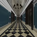 Restaurant Corridor With Chandeliers Teal Walls Black White Checkered Floor And Dark Wooden Doors