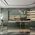 Elegant Modern Kitchen Interior Design With Green Cabinets Island Counter Stools And Open Shelves