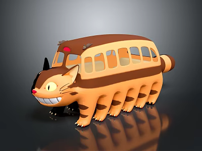 Totoro Animal Toy With Bus Shaped Body Brown Yellow Color Smiling Face Cat Ears 3d model