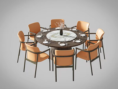 Modern Round Dining Table Set with Orange Chairs Black Legs Vase and Plates 3d model