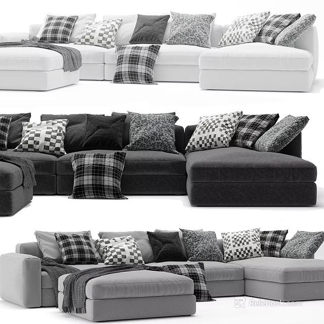 Sectional Multi Person Sofa With Plaid And Patterned Pillows In Modern Design 3d model