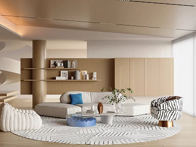 Modern Living Room Interior With Beige Sofa Blue Cushion Circular Rug And Zebra Patterned Chair 3d model