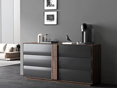Modern Minimalist Dresser in Living Room with Framed Pictures Coffee Maker and Decorative Items 3d model