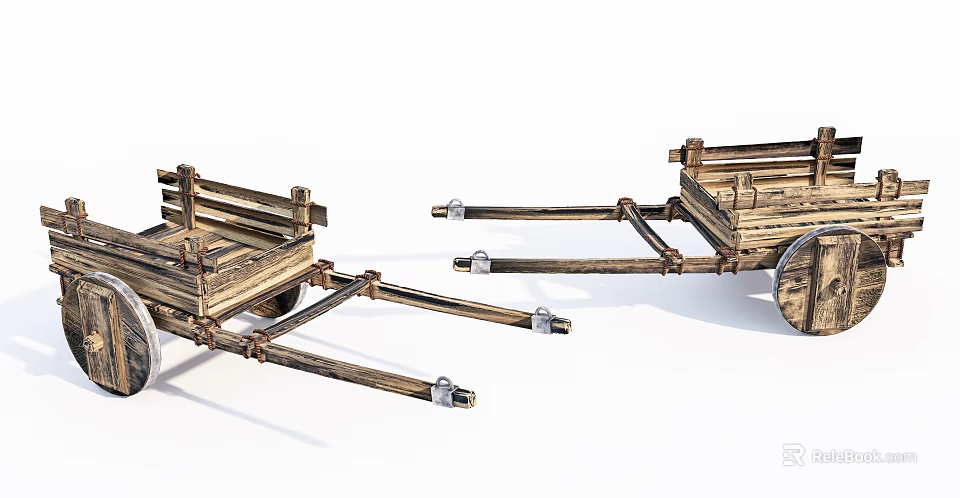 Vintage Wooden Carts With Spoked Wheels And Long Pull Handles 3d model 