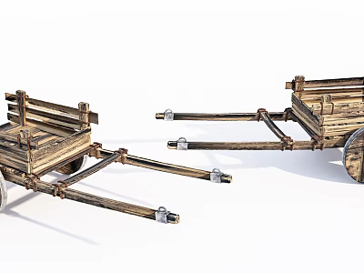 Vintage Wooden Carts With Spoked Wheels And Long Pull Handles 3d model